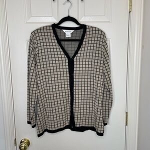 Exclusively Misook Beige Black Grid Pattern Knit Cardigan Sweater Jacket L